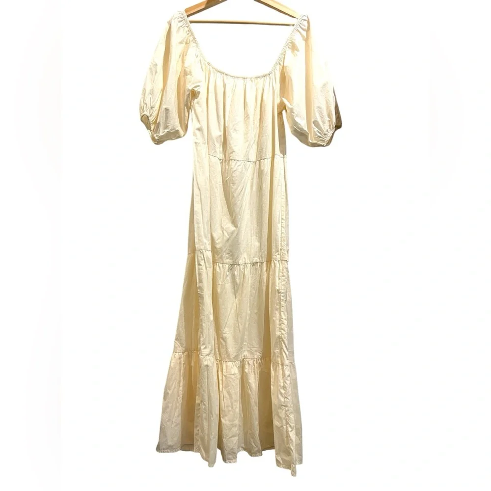 Fathfull the Brand Ronan Cotton Poplin Puff Sleeve Square Neck Tiered Midi Dress